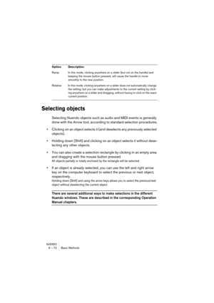 Page 72NUENDO6 – 72 Basic Methods
Selecting objects
Selecting Nuendo objects such as audio and MIDI events is generally 
done with the Arrow tool, according to standard selection procedures.
•Clicking on an object selects it (and deselects any previously selected 
objects).
•Holding down [Shift] and clicking on an object selects it without dese-
lecting any other objects.
•You can also create a selection rectangle by clicking in an empty area 
and dragging with the mouse button pressed.
All objects partially or...