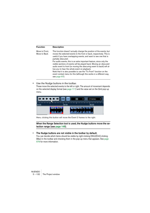 Page 132NUENDO
5 – 132 The Project window
•Use the Nudge buttons in the toolbar.
These move the selected events to the left or right. The amount of movement depends 
on the selected display format (see page 111) and the value set on the Grid pop-up 
menu.
Here, clicking this button will move the Event 2 frames to the right.
When the Range Selection tool is used, the Nudge buttons move the se-
lection range (see page 149).
• The Nudge buttons are not visible in the toolbar by default. 
You can decide which items...