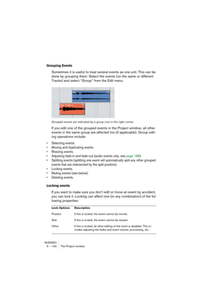 Page 140NUENDO
5 – 140 The Project window
Grouping Events
Sometimes it is useful to treat several events as one unit. This can be 
done by grouping them: Select the events (on the same or different 
Tracks) and select “Group” from the Edit menu.
Grouped events are indicated by a group icon in the right corner.
If you edit one of the grouped events in the Project window, all other 
events in the same group are affected too (if applicable). Group edit-
ing operations include:
• Selecting events.
• Moving and...