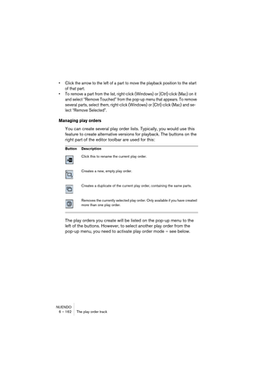 Page 162NUENDO
6 – 162 The play order track
• Click the arrow to the left of a part to move the playback position to the start 
of that part.
• To remove a part from the list, right-click (Windows) or [Ctrl]-click (Mac) on it 
and select “Remove Touched” from the pop-up menu that appears. To remove 
several parts, select them, right-click (Windows) or [Ctrl]-click (Mac) and se-
lect “Remove Selected”.
Managing play orders
You can create several play order lists. Typically, you would use this 
feature to create...