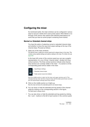 Page 213NUENDO
The mixer 10 – 213
Configuring the mixer
As mentioned earlier, the mixer windows can be configured in various 
ways to suit your needs and to save screen space. Here follows a run 
through of the various view options (the following descriptions as-
sume that you have an active project containing some tracks):
Normal vs. Extended channel strips
You have the option of selecting normal or extended channel strips 
and whether to show the input and output settings at the top of the 
channel strips....