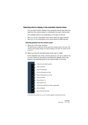 Page 215NUENDO
The mixer 10 – 215
Selecting what to display in the extended channel strips
You can select what to display in the extended channel strip either glo-
bally from the common panel, or individually from each channel strip. 
The available options vary depending on the type of channel.
• See page 235 for a description of the various options for audio channels. 
• See page 252 for a description of the various options for MIDI channels.
Selecting globally from the common panel
1.Open any of the mixer...