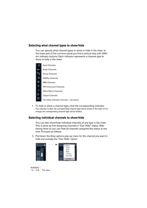 Page 218NUENDO
10 – 218 The mixer
Selecting what channel types to show/hide
You can specify what channel types to show or hide in the mixer. In 
the lower part of the common panel you find a vertical strip with differ-
ent indicator buttons. Each indicator represents a channel type to 
show or hide in the mixer:
•To hide or show a channel type, click the corresponding indicator.
If an indicator is dark, the corresponding channel type will be shown in the mixer. If it is 
orange, the corresponding channel type...