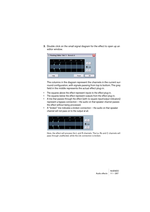 Page 267NUENDO
Audio effects 11 – 267
3.Double click on the small signal diagram for the effect to open up an 
editor window.
The columns in the diagram represent the channels in the current sur-
round configuration, with signals passing from top to bottom. The grey 
field in the middle represents the actual effect plug-in.
• The squares above the effect represent inputs to the effect plug-in.
• The squares below the effect represent outputs from the effect plug-in.
• A line that passes through the effect (with...