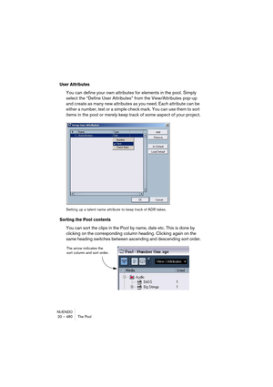 Page 480NUENDO
20 – 480 The Pool
User Attributes
You can define your own attributes for elements in the pool. Simply 
select the “Define User Attributes” from the View/Attributes pop-up 
and create as many new attributes as you need. Each attribute can be 
either a number, text or a simple check mark. You can use them to sort 
items in the pool or merely keep track of some aspect of your project.
Setting up a talent name attribute to keep track of ADR takes.
Sorting the Pool contents
You can sort the clips in...