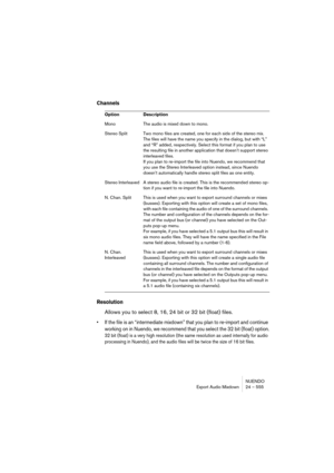 Page 555NUENDO
Export Audio Mixdown 24 – 555
Channels
Resolution
Allows you to select 8, 16, 24 bit or 32 bit (float) files.
• If the file is an “intermediate mixdown” that you plan to re-import and continue 
working on in Nuendo, we recommend that you select the 32 bit (float) option.
32 bit (float) is a very high resolution (the same resolution as used internally for audio 
processing in Nuendo), and the audio files will be twice the size of 16 bit files.
Option Description
Mono The audio is mixed down to...