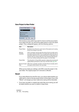 Page 642NUENDO
29 – 642 File handling
Save Project to New Folder
This function is very useful if you want to move or archive your project. 
If you select this item, you will first be asked where to store the saved 
project. Then a dialog will appear, with the following options:
When you’ve made your settings, click OK to save the project in the 
new folder. The original project isn’t removed or affected.
Revert
If you select Revert from the File menu, you will be asked whether you 
really want to revert to the...