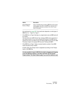 Page 659NUENDO
File handling 29 – 659
As mentioned on page 657, the result also depends on what type of 
MIDI file it is – Type 0 or Type 1:
• If the MIDI file is of Type 0 (all data on a single track), only one MIDI track will 
be created.
This track will be set to MIDI Channel “Any”, allowing all MIDI events to play back on 
their original channels. You can use the Dissolve Part function on the MIDI menu to 
distribute the events onto different tracks with different MIDI Channels (see the “MIDI 
Processing”...