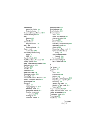 Page 727NUENDO
Index 727
Speaker tool
Audio Part Editor
 426
Project window
 128
Speakers (SurroundPanner)
 313
Spectrum Analyzer
 395
Split
Events
 135
Range
 151
Split at Cursor
Project window
 135
Split Loop
Project window
 135
Square mode
Automation
 342
Stacked Cycle Recording
Audio
 70
MIDI
 82
Standard Mode
 312
Start Record at Left Locator
 50
Startup options
 669
Static Value Line (Automation)
 340
Stationary cursor
 155
Statistics
 398
Step Bar
 39
Stereo Flip
 380
Stereo Pan Law
 234
Stereo pan modes...