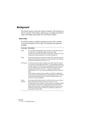 Page 94NUENDO
5 – 94 The Project window
Background
The Project window is the main window in Nuendo. This provides you 
with an overview of the project, allowing you to navigate and perform 
large scale editing. Each project has one Project window.
About tracks
The Project window is divided vertically into tracks, with a timeline 
running horizontally from left to right. The following track types are 
available:
Track type Description
Audio For recording and playing back audio events and audio parts. Each au-...