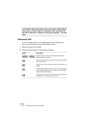 Page 128NUENDO7 – 128 Additional note and rest formatting
In the Notation Style dialog (Options tab) on the Scores–Global Settings 
menu, there is a further option for accidentals, called “Accidentals for 
Each Note”. When this is activated, all notes get accidentals – even tied 
notes.
Enharmonic shift
If one or several notes are not displayed with the accidentals you 
wish, you can perform an Enharmonic Shift on them.
1.Select the notes to be shifted.
2.Click the desired option on the extended toolbar.
Option...