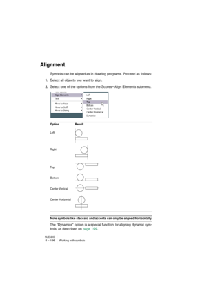 Page 196NUENDO8 – 196 Working with symbols
Alignment
Symbols can be aligned as in drawing programs. Proceed as follows:
1.Select all objects you want to align.
2.Select one of the options from the Scores–Align Elements submenu.
Note symbols like staccato and accents can only be aligned horizontally.
The “Dynamics” option is a special function for aligning dynamic sym-
bols, as described on page 199.
Option Result
Left
Right
Top
Bottom
Center Vertical
Center Horizontal 