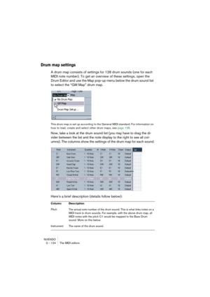 Page 124NUENDO
3 – 124 The MIDI editors
Drum map settings
A drum map consists of settings for 128 drum sounds (one for each 
MIDI note number). To get an overview of these settings, open the 
Drum Editor and use the Map pop-up menu below the drum sound list 
to select the “GM Map” drum map.
This drum map is set up according to the General MIDI standard. For information on 
how to load, create and select other drum maps, see page 128.
Now, take a look at the drum sound list (you may have to drag the di-
vider...