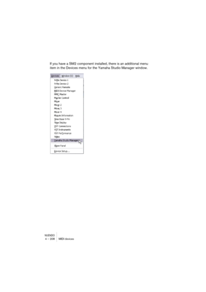 Page 208NUENDO4 – 208 MIDI devices
If you have a SM2 component installed, there is an additional menu 
item in the Devices menu for the Yamaha Studio Manager window.  