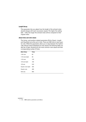 Page 44NUENDO
1 – 44 MIDI realtime parameters and effects
Length Decay
This parameter lets you adjust how the length of the echoed notes 
should change with each successive repeat. The higher the setting 
(25 – 100), the longer the echoed notes will be compared to their 
original notes.
About ticks and note values
The timing- and position-related parameters (Echo-Quant., Length 
and Quantize) can all be set in ticks. There are 480 ticks to each quar-
ter note. While the parameters allow you to step between the...