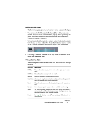 Page 49NUENDO
MIDI realtime parameters and effects 1 – 49
Adding controller curves
The Controllers pop-up menu has two more items: two controller types.
•You can select which two controller types (filter cutoff, resonance, 
volume, etc.) should be available on the pop-up menu by clicking the 
Setup button and selecting controllers from the lists that appears.
This selection is global to all patterns.
•To insert controller information in a pattern, select the desired controller 
from the pop-up menu and click in...