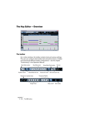 Page 84NUENDO
3 – 84 The MIDI editors
The Key Editor – Overview 
The toolbar
As in other windows, the toolbar contains tools and various settings. 
The user can configure what toolbar items should be shown or hidden 
and store/recall different toolbar configurations – see the chapter 
“Customizing” in the Operation Manual.
Show/Hide Info line Solo Editor button Key Editor tools
Autoscroll on/offAudition on/off
Part listShow/Hide Part borders
Edit active part only
Nudge ToolsTranspose Palette
Snap on/off...