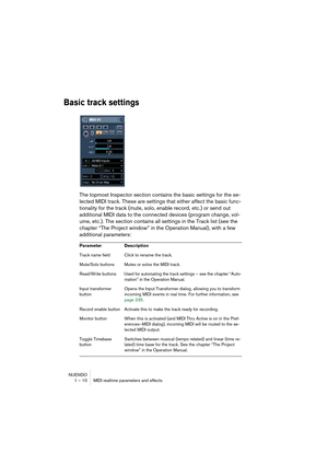 Page 10 
NUENDO
1 – 10 MIDI realtime parameters and effects 
Basic track settings
 
The topmost Inspector section contains the basic settings for the se-
lected MIDI track. These are settings that either affect the basic func-
tionality for the track (mute, solo, enable record, etc.) or send out 
additional MIDI data to the connected devices (program change, vol-
ume, etc.). The section contains all settings in the Track list (see the 
chapter “The Project window” in the Operation Manual), with a few...