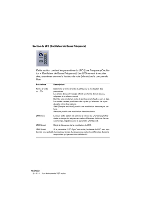 Page 114NUENDO
2 – 114 Les Instruments VST inclus
Section du LFO (Oscillateur de Basse Fréquence)
Cette section contient les paramètres du LFO (Low Frequency Oscilla-
tor = Oscillateur de Basse Fréquence). Les LFO servent à moduler 
des paramètres comme la hauteur de note (vibrato) ou la coupure du 
filtre.
Paramètre Description
Forme d’onde 
du LFODétermine la forme d’onde du LFO pour la modulation des 
paramètres : 
Les ondes Sinus et Triangle offrent une forme d’onde douce, 
adaptées à un vibrato normal.
Dent...
