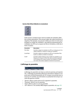 Page 119NUENDO
Les Instruments VST inclus 2 – 119
Section Mod Wheel (Molette de modulation)
Cette section contrôle la façon dont la molette de modulation affec-
tera certains paramètres. Vous pouvez régler des valeurs positives et 
négatives. Par exemple, vous pouvez l’utiliser pour faire en sorte qu’en 
bougeant la molette de modulation, cela atténue progressivement la 
modulation du LFO sur la coupure du filtre et introduise un effet de vi-
brato à la place.
L’affichage du paramètre
L’affichage du paramètre...