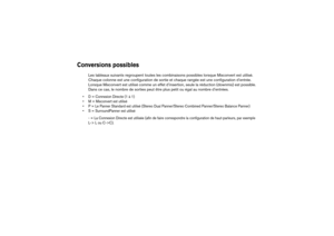 Page 140Conversions possibles
Les tableaux suivants regroupent toutes les combinaisons possibles lorsque Mixconvert est utilisé. 
Chaque colonne est une configuration de sortie et chaque rangée est une configuration d’entrée. 
Lorsque Mixconvert est utilisé comme un effet d’insertion, seule la réduction (downmix) est possible. 
Dans ce cas, le nombre de sorties peut être plus petit ou égal au nombre d’entrées.
•D = Connexion Directe (1 à 1)
•M = Mixconvert est utilisé
•P = Le Panner Standard est utilisé (Stereo...