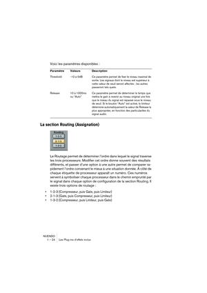 Page 24 
NUENDO
1 – 24 Les Plug-ins d’effets inclus 
Voici les paramètres disponibles : 
La section Routing (Assignation)
 
Le Routage permet de déterminer l’ordre dans lequel le signal traverse 
les trois processeurs. Modifier cet ordre donne souvent des résultats 
différents, et passer d’une option à une autre permet de comparer ra-
pidement l’ordre convenant le mieux à une situation donnée. À côté de 
chaque étiquette de processeur apparaît un numéro. Ces numéros 
servent à symboliser chaque processeur dans...