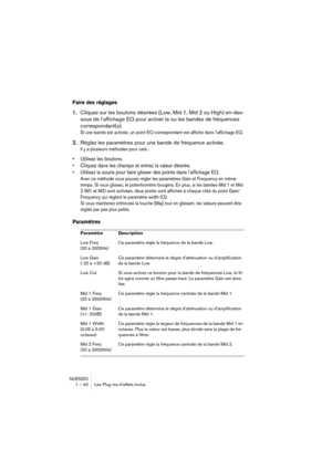 Page 40NUENDO
1 – 40 Les Plug-ins d’effets inclus
Faire des réglages
1.Cliquez sur les boutons désirées (Low, Mid 1, Mid 2 ou High) en-des-
sous de l’affichage EQ pour activer la ou les bandes de fréquences 
correspondant(s).
Si une bande est activée, un point EQ correspondant est affiché dans l’affichage EQ.
2.Réglez les paramètres pour une bande de fréquence activée.
Il y a plusieurs méthodes pour cela :
•Utilisez les boutons.
•Cliquez dans les champs et entrez la valeur désirée.
•Utilisez la souris pour...