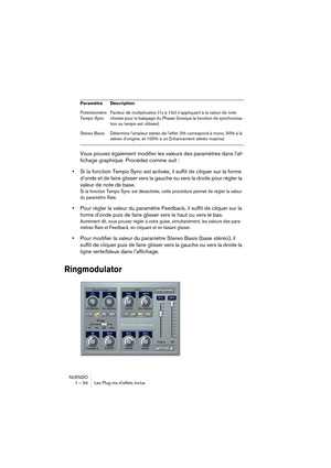 Page 54NUENDO
1 – 54 Les Plug-ins d’effets inclus
Vous pouvez également modifier les valeurs des paramètres dans l’af-
fichage graphique. Procédez comme suit :
•Si la fonction Tempo Sync est activée, il suffit de cliquer sur la forme 
d’onde et de faire glisser vers la gauche ou vers la droite pour régler la 
valeur de note de base.
Si la fonction Tempo Sync est désactivée, cette procédure permet de régler la valeur 
du paramètre Rate.
•Pour régler la valeur du paramètre Feedback, il suffit de cliquer sur la...