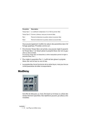 Page 8 
NUENDO
1 – 8 Les Plug-ins d’effets inclus 
Vous pouvez également modifier les valeurs des paramètres dans l’af-
fichage graphique. Procédez comme suit :  
•  
Si la fonction Tempo Sync est activée, vous pouvez régler le paramè-
tre Tempo Sync 1 en faisant glisser la poignée bleue clair vers la gau-
che ou vers la droite. 
Si la fonction Tempo Sync est désactivée, la même manipulation permet de régler le 
paramètre Delay Time 1.
 
•  
Pour régler le paramètre Pan 1, il suffit de faire glisser la poignée...