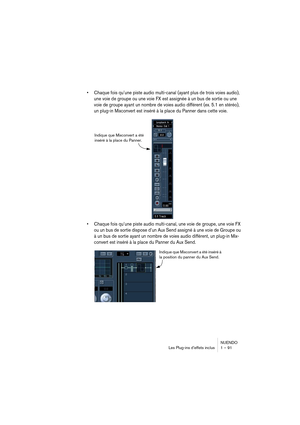 Page 91NUENDO
Les Plug-ins d’effets inclus 1 – 91
•Chaque fois qu’une piste audio multi-canal (ayant plus de trois voies audio), 
une voie de groupe ou une voie FX est assignée à un bus de sortie ou une 
voie de groupe ayant un nombre de voies audio différent (ex. 5.1 en stéréo), 
un plug-in Mixconvert est inséré à la place du Panner dans cette voie.
•Chaque fois qu’une piste audio multi-canal, une voie de groupe, une voie FX 
ou un bus de sortie dispose d’un Aux Send assigné à une voie de Groupe ou 
à un bus...