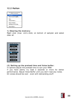 Page 30
12.2 Halion 
 
 
 
1) Clearing the memory: 
Right click (mac: cntrl+click) on bottom of sampler and select 
clear all. 
 
 
 
 
 
(2) Setting up the preload time and Voice buffer: 
In options adjust the preload time to suit your RAM. 
If you have plenty try load 2 seconds or more for better 
performance. Adjust Voice Buffer until you dont lose any notes. 
64 voices should be cool - even with demanding stuff! 
 
Copyright 2003, SCARBEE - Denmark  
 
30  