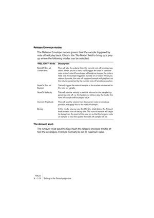 Page 112HALion9 – 112 Editing in the Sound page view
Release Envelope modes
The Release Envelope modes govern how the sample triggered by 
note off will play back. Click in the “No Mode” field to bring up a pop-
up where the following modes can be selected:
The Amount knob
The Amount knob governs how much the release envelope modes af-
fect the envelopes. It should normally be set to maximum value.
“REL. ENV.” Mode Description
NoteOff Env. at 
current Pos.This will take the volume from the current note off...