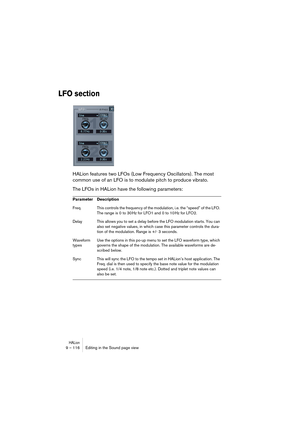 Page 116HALion9 – 116 Editing in the Sound page view
LFO section
HALion features two LFOs (Low Frequency Oscillators). The most 
common use of an LFO is to modulate pitch to produce vibrato. 
The LFOs in HALion have the following parameters:
Parameter Description
Freq. This controls the frequency of the modulation, i.e. the “speed” of the LFO. 
The range is 0 to 30 Hz for LFO1 and 0 to 10 Hz for LFO2.
Delay This allows you to set a delay before the LFO modulation starts. You can 
also set negative values, in...