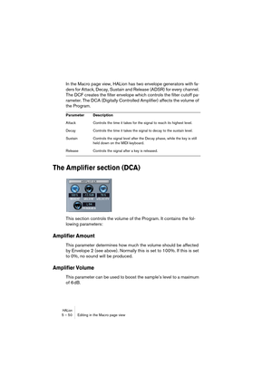 Page 50HALion5 – 50 Editing in the Macro page view
In the Macro page view, HALion has two envelope generators with fa-
ders for Attack, Decay, Sustain and Release (ADSR) for every channel. 
The DCF creates the filter envelope which controls the filter cutoff pa-
rameter. The DCA (Digitally Controlled Amplifier) affects the volume of 
the Program.
The Amplifier section (DCA)
This section controls the volume of the Program. It contains the fol-
lowing parameters:
Amplifier Amount
This parameter determines how...