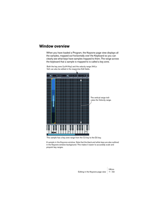 Page 63HALionEditing in the Keyzone page view 7 – 63
Window overview
When you have loaded a Program, the Keyzone page view displays all 
the samples, mapped out horizontally over the Keyboard so you can 
clearly see what keys have samples mapped to them. The range across 
the keyboard that a sample is mapped to is called a key zone. 
A sample in the Keyzone window. Note that the black and white keys are also outlined 
in the Keyzone window background. This makes it easier to accurately scale and 
pinpoint key...