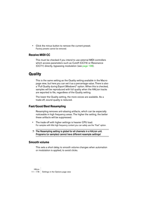 Page 178HALion11 – 178 Réglages dans la page Options
Introduction
La page Options renferme un certain nombre de réglages globaux et 
contient les sections suivantes :  