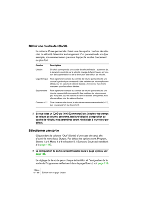 Page 66HALion6 – 66 Édition dans la page Global
Définir une courbe de vélocité
La colonne Curve permet de choisir une des quatre courbes de vélo-
cité. La vélocité détermine le changement d’un paramètre du son (par 
exemple, son volume) selon que vous frappez la touche doucement 
ou plus fort.
❐Si vous faites un [Ctrl]-clic (Win)/[Commande]-clic (Mac) sur les champs 
de valeurs de volume, panorama, tessiture/vélocité, transposition ou 
courbe de vélocité, mes paramètres seront réinitialisés à leur valeur par...