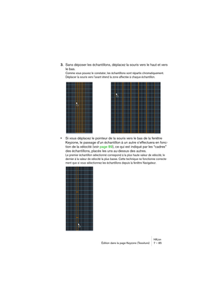 Page 85HALionÉdition dans la page Keyzone (Tessiture) 7 – 85
3.Sans déposer les échantillons, déplacez la souris vers le haut et vers 
le bas.
Comme vous pouvez le constater, les échantillons sont répartis chromatiquement. 
Déplacer la souris vers l’avant étend la zone affectée à chaque échantillon.
•Si vous déplacez le pointeur de la souris vers le bas de la fenêtre 
Keyzone, le passage d’un échantillon à un autre s’effectuera en fonc-
tion de la vélocité (voir page 89), ce qui est indiqué par les “cadres”...