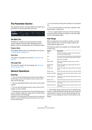 Page 105105
Editing Samples in the Sample Editor
The Parameter Section
The parameter section contains sample and sample zone 
parameters. It has two tabs: Main and Loop.
The Main Tab
The Main tab contains the zone parameters, and the 
marker settings for Sample Start, Sample End, Start 
Range, as well as the parameters for the Release marker.
Playback Mode
The Playback Mode options are described in the section 
“Playback Mode” on page 80.
Fixed Pitch
This option is described in the section “Fixed Pitch” on 
page...