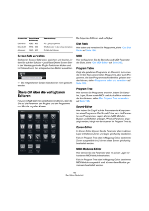 Page 183183
Das HALion-Bedienfeld
Screen-Sets verwalten
Sie können Screen-Sets laden, speichern und löschen, in-
dem Sie auf den Schalter »Load/Save/Delete Screen Set« 
in der Werkzeugzeile der PlugIn-Funktionen klicken und 
im Einblendmenü den entsprechenden Befehl auswählen.
ÖDie mitgelieferten Screen-Sets können nicht gelöscht 
werden.
Übersicht über die verfügbaren 
Editoren
HALion verfügt über viele verschiedene Editoren, über die 
Sie auf die Parameter des PlugIns und der Programme 
und Module zugreifen...