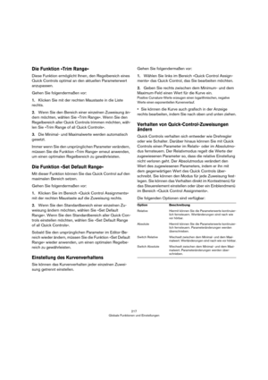 Page 217217
Globale Funktionen und Einstellungen
Die Funktion »Trim Range«
Diese Funktion ermöglicht Ihnen, den Regelbereich eines 
Quick Controls optimal an den aktuellen Parameterwert 
anzupassen.
Gehen Sie folgendermaßen vor:
1.Klicken Sie mit der rechten Maustaste in die Liste 
rechts.
2.Wenn Sie den Bereich einer einzelnen Zuweisung än-
dern möchten, wählen Sie »Trim Range«. Wenn Sie den 
Regelbereich aller Quick Controls trimmen möchten, wäh
-
len Sie »Trim Range of all Quick Controls«.
3.Die Minimal- und...