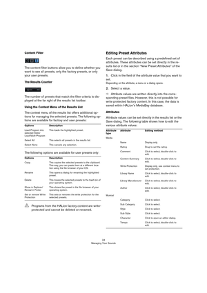 Page 2424
Managing Your Sounds
Content Filter
The content filter buttons allow you to define whether you 
want to see all presets, only the factory presets, or only 
your user presets.
The Results Counter
The number of presets that match the filter criteria is dis-
played at the far right of the results list toolbar.
Using the Context Menu of the Results List
The context menu of the results list offers additional op-
tions for managing the selected presets. The following op-
tions are available for factory and...