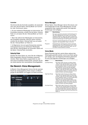 Page 241241
Programme und Layer im Sound-Editor bearbeiten
Controller
Hier können Sie den Controller auswählen, der verwendet 
wird, wenn Sie die Option »Velocity Mode« auf »Control
-
ler« oder »Continuous« setzen.
•Für eine realistische Wiedergabe von Instrumenten, die 
Crossfades verwenden, schalten Sie die Option »Velocity 
Fade« ein und setzen Sie den »Velocity Mode« auf »Conti
-
nuous«.
•Wenn Sie während der Wiedergabe von Instrumenten, 
die Crossfades verwenden, Stimmen sparen möchten, 
schalten Sie die...