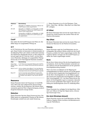 Page 256256
Zonen im Sound-Editor bearbeiten
Cutoff
Hier stellen Sie die Cutoff-Frequenz des Filters ein. Der 
Effekt hängt vom ausgewählten Filtertyp ab.
X/Y
Im X/Y-Feld können Sie zwei Parameter gleichzeitig re-
geln. Diese Funktion ist besonders im Zusammenspiel mit 
den Morphing-Filtern sehr nützlich, da Sie damit zwischen 
den Filterformen überblenden können. In allen anderen Fil
-
termodi regelt das X/Y-Feld den Cutoff- und den Reso-
nance-Parameter. Abhängig vom ausgewählten Filtertyp 
können Sie im...