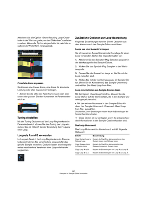 Page 287287
Samples im Sample-Editor bearbeiten
Aktivieren Sie die Option »Show Resulting Loop Cross-
fade« in der Werkzeugzeile, um den Effekt des Crossfades 
zu sehen. Wenn die Option eingeschaltet ist, wird die re
-
sultierende Wellenform rot angezeigt.
Crossfade-Kurve anpassen
Sie können eine lineare Kurve, eine Kurve für konstante 
Leistung oder alles dazwischen festlegen. 
•Ziehen Sie die Mitte der Fade-Kurve nach oben oder 
unten oder passen Sie den Kurvenwert im Parameterbe
-
reich an.
Tuning einstellen...