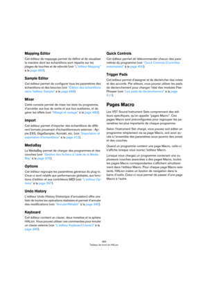 Page 369369
Tableau de bord de HALion
Mapping Editor
Cet éditeur de mappage permet de définir et de visualiser 
la manière dont les échantillons sont répartis sur les 
plages de touches et de vélocité (voir 
“L’éditeur Mapping” 
à la page 460).
Sample Editor
Cet éditeur permet de configurer tous les paramètres des 
échantillons et des boucles (voir 
“Édition des échantillons 
dans l’éditeur Sample” à la page 466).
Mixer
Cette console permet de mixer les slots du programme, 
d’accéder aux bus de sortie et aux bus...