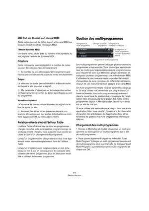 Page 373373
Gestion des sons
MIDI Port and Channel (port et canal MIDI)
Cette option permet de définir le port et le canal MIDI sur 
lesquels le slot reçoit les messages MIDI.
Témoin d’activité MIDI
Une barre verte, située près du numéro et du symbole du 
slot, signale l’arrivée de données MIDI.
Polyphony
Cette commande permet de définir le nombre de notes 
pouvant être déclenchées simultanément.
ÖLe nombre de voix obtenu peut être largement supé-
rieur si une note déclenche plusieurs zones simultanément....