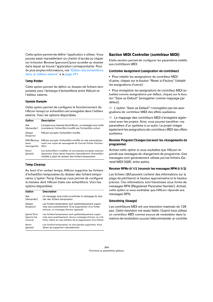 Page 399399
Fonctions et paramètres globaux
Cette option permet de définir l’application à utiliser. Vous 
pouvez saisir manuellement un chemin d’accès ou cliquer 
sur le bouton Browse (parcourir) pour accéder au dossier 
dans lequel se trouve l’application correspondante. Pour 
de plus amples informations, voir 
“Édition des échantillons 
dans un éditeur externe” à la page 471.
Temp Folder
Cette option permet de définir un dossier de fichiers tem-
poraires pour l’échange d’échantillons entre HALion et...