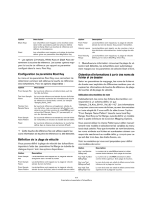 Page 414414
Importation et exportation d’échantillons
ÖLes options Chromatic, White Keys et Black Keys dé-
terminent la touche de référence. Les autres options map-
pent la touche de référence par rapport au paramètre 
configuré dans le menu Root Key.
Configuration du paramètre Root Key
Le menu et les paramètres Root Key vous permettent de 
déterminer comment est obtenue la touche de référence 
des échantillons. Voici les options disponibles
 :
ÖCette touche de référence fixe est utilisée quand au-
cune...