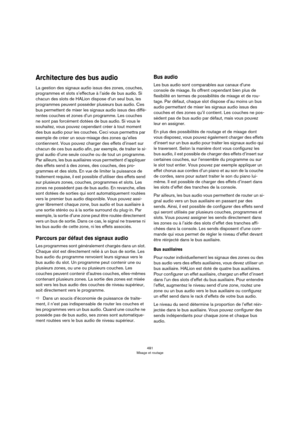 Page 481481
Mixage et routage
Architecture des bus audio
La gestion des signaux audio issus des zones, couches, 
programmes et slots s’effectue à l’aide de bus audio. Si 
chacun des slots de HALion dispose d’un seul bus, les 
programmes peuvent posséder plusieurs bus audio. Ces 
bus permettent de mixer les signaux audio issus des diffé
-
rentes couches et zones d’un programme. Les couches 
ne sont pas forcément dotées de bus audio. Si vous le 
souhaitez, vous pouvez cependant créer à tout moment 
des bus audio...